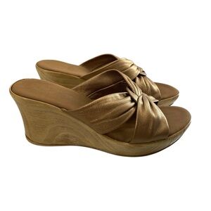 Onex Puffy Wedge Crossed Leather Sandals Women 6  Bronze Made USA Comfort Wood